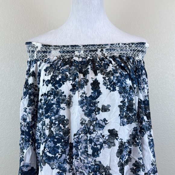 Parker Blue and White Floral Smocked 3/4 Sleeve Off Shoulder Blouse Size Medium - Picture 2 of 8